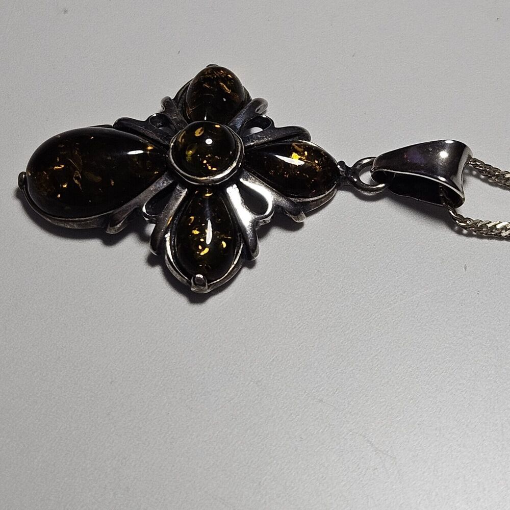 Vintage Sterling Silver Amber Cross Pendant Necklace Yellow Golden 18" - Picture 13 of 15